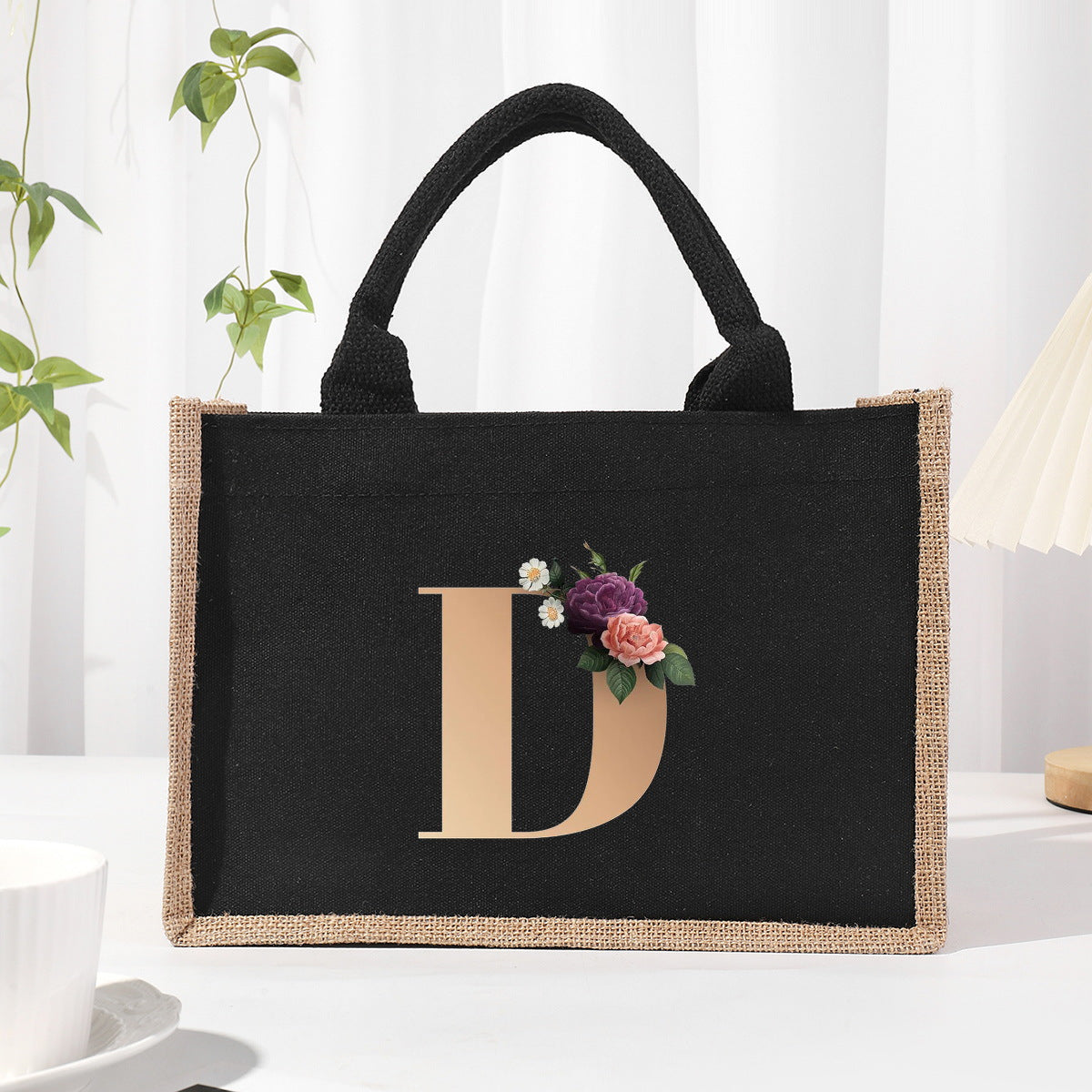Bolsa de tela de algodón y lino, bolsa de tela con letras estampadas, bolso ligero portátil, bolsa de regalo para compras 