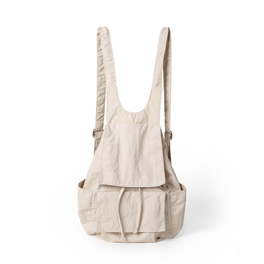 Mochila ligera de nailon para mujer, con múltiples bolsillos y diseño plisado, color beige. 
