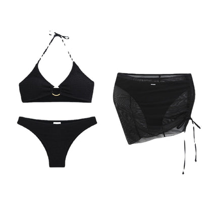 Women's Two-Piece Swimsuit Slim Solid Color Sexy Bikini Halter Three-Piece Set