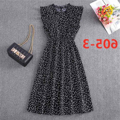 Polka Dot Chiffon Skirt Loose Versatile Temperament Medium Skirt Dot Print Butterfly Sleeve Ruffles dress