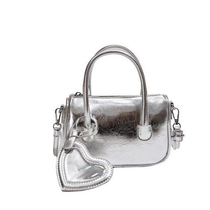 Mini tote handbag silver, women's summer shoulder crossbody bag, versatile love small square bag, mini top handle purse