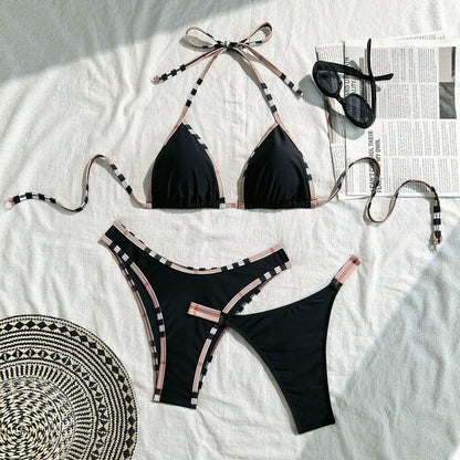 Plaid Trim Black Bikini Three Piece Swimsuit Separate Set Bikini Swimsuit Three Piece