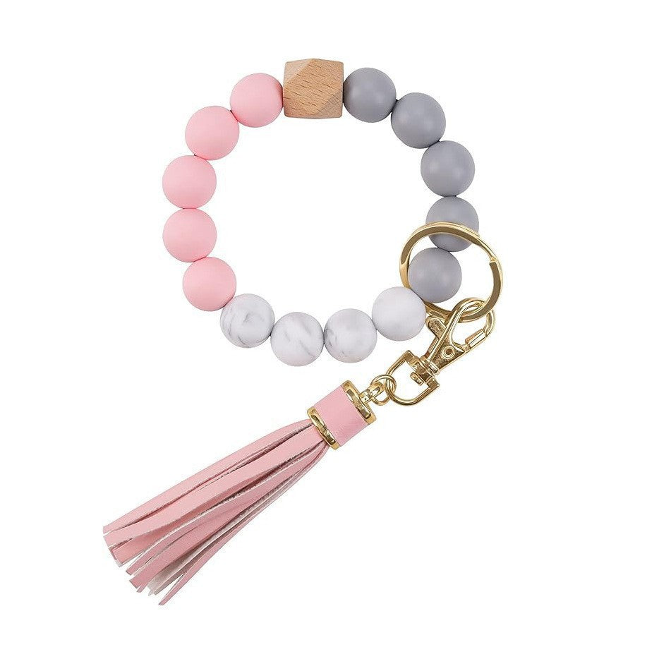 Llavero con borla de PU y cuentas de silicona para bolso, pulsera, llavero de coche, para mujeres y niñas 
