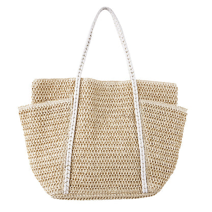 Summer Straw Tote – Women’s Large Shoulder Beach Bag, Patchwork Handwoven Purse