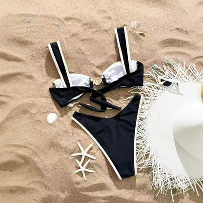 Two Piece Color Block Bikini Swimsuit for Women Sexy String Swimwear