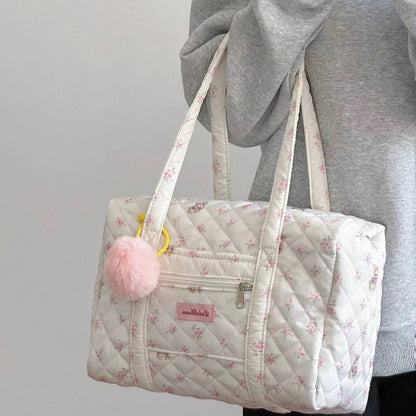 Bolso tote de gran capacidad para niñas, bolso para viajes cortos, bolso acolchado con estampado floral, bolso de hombro para estudiantes. 