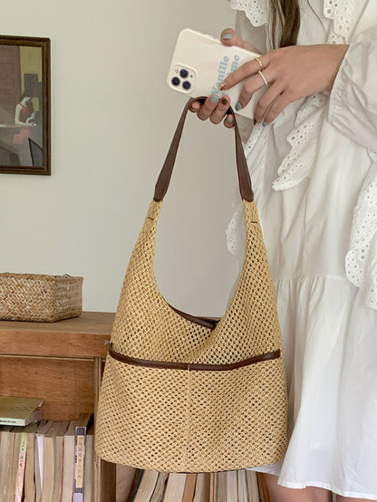 Bolso de paja, bolso hobo para ir al trabajo, bolso hobo tejido de verano para mujer, bolso de hombro de paja, bolso de playa de ganchillo ligero