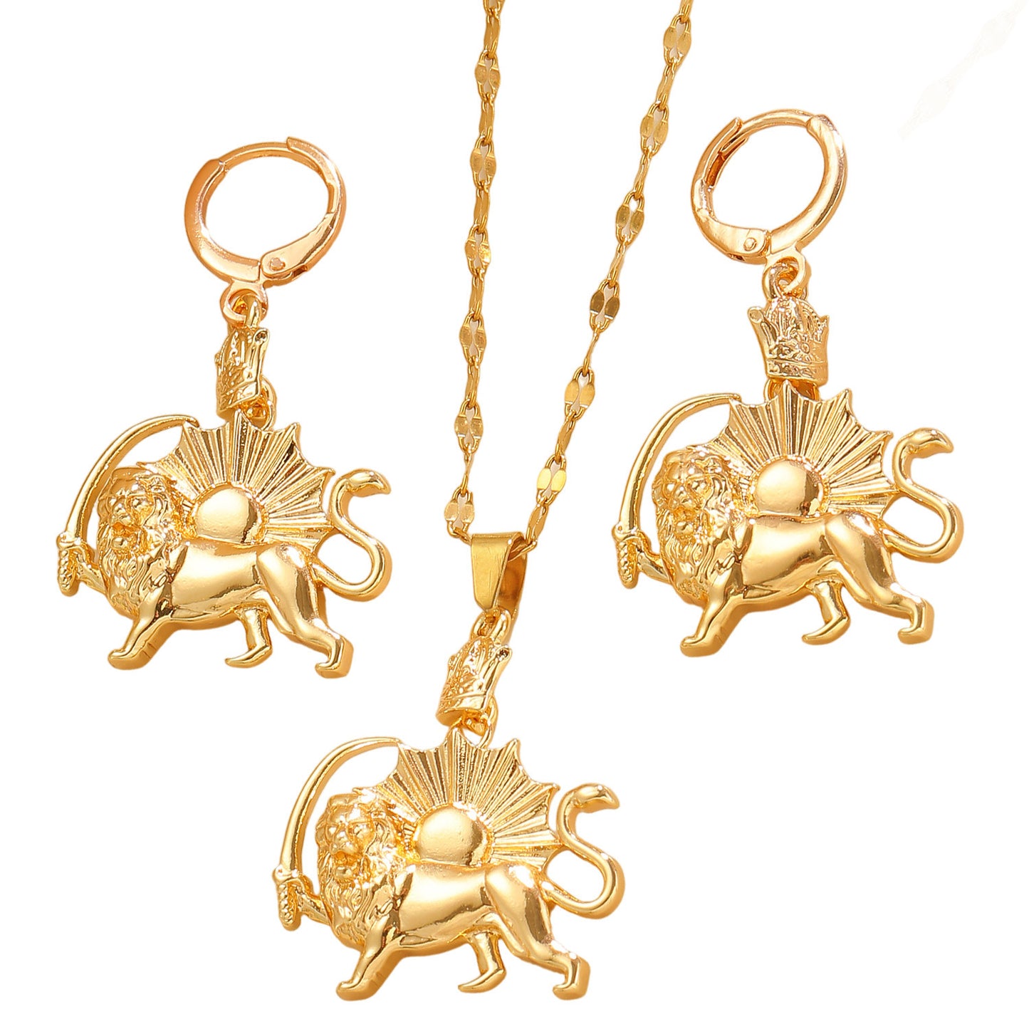 Vintage Crown Lion Sun Pattern Gold Pendant Earrings Necklace Punk Stainless Steel Set