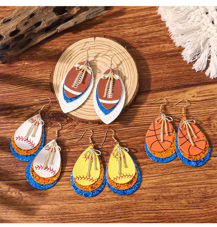 Sports Team Faux Leather Earrings - Volleyball, Basketball, Football, Baseball Geometric Drop Dangle Earrings