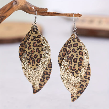 Bohemian Geometric Drop Earrings - Lightweight Faux Leather Leaf Design with Double-Sided Color & Triple Tassel Fringe -dropshippingabc.com