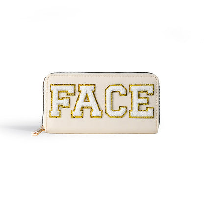 Cartera bordada con el alfabeto para mujer, monedero largo, tarjetero de nailon con cremallera, monedero multifuncional 