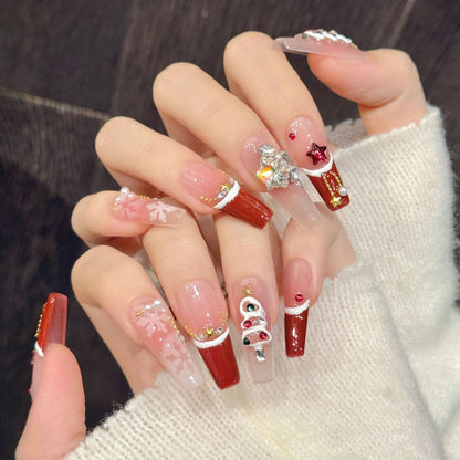 Arte de uñas francés con rubor navideño y copos de nieve de terciopelo rojo, arte de uñas hecho a mano