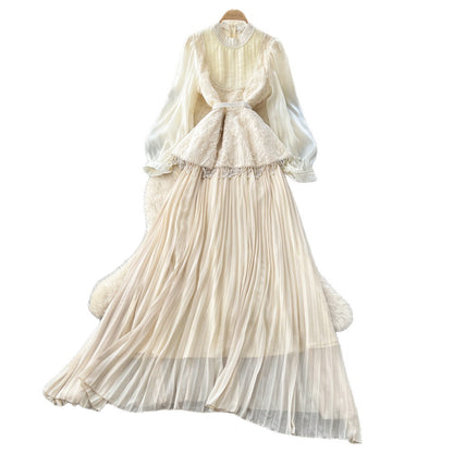 Premium Beaded Lantern Sleeve Tassel Dress –Tie-Waist A-Line Midi, Office Elegant Shift Dress