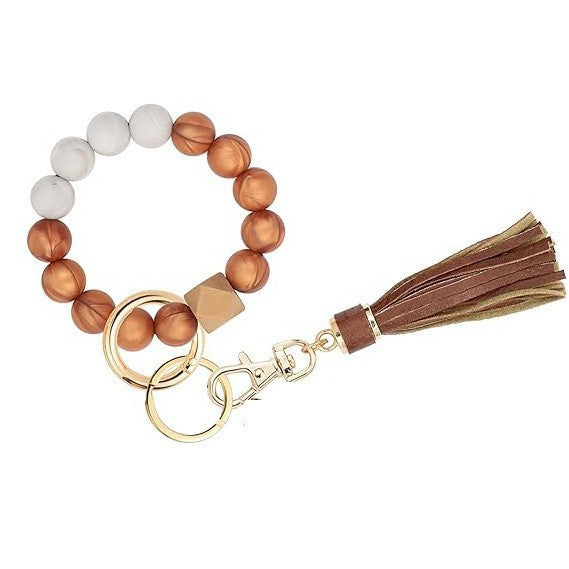 Llavero con borla de PU y cuentas de silicona para bolso, pulsera, llavero de coche, para mujeres y niñas 