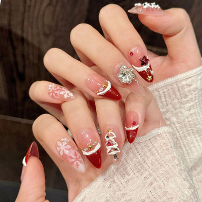 Arte de uñas con atmósfera navideña francesa, copos de nieve de terciopelo rojo, rubor navideño, uñas hechas a mano