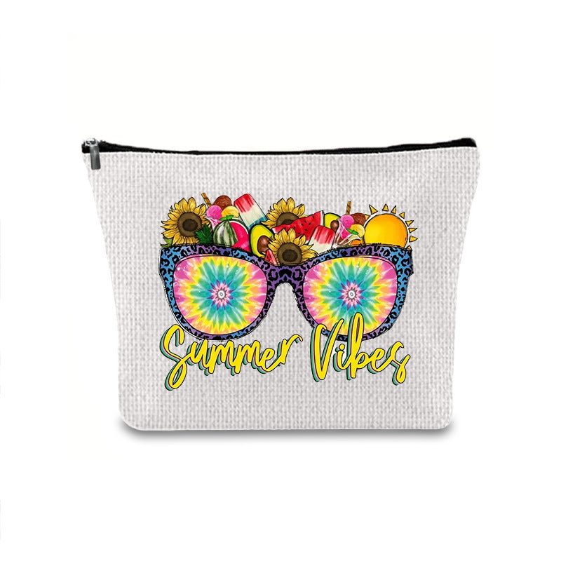 Linen printed cosmetic bag, cosmetic lipstick storage bag, small simple zipper evening clutch bag,