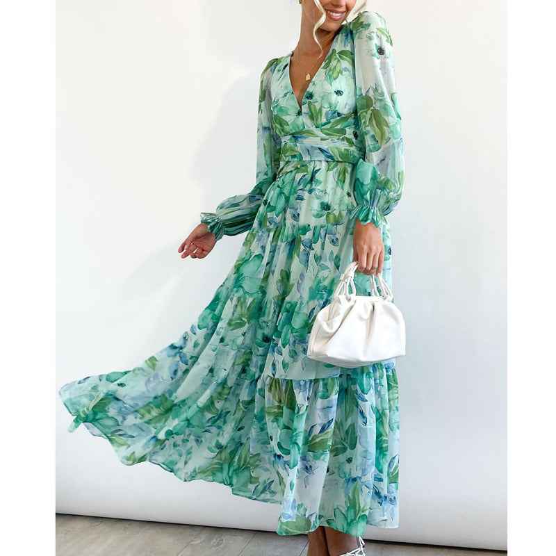 Bohemian female Long Lantern Sleeves Dress-Boho deep V printing high waist casual dress for women