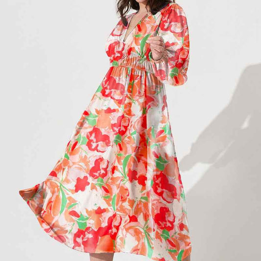Bohemian female Long Lantern Sleeves Dress-Boho deep V printing high waist casual dress for women