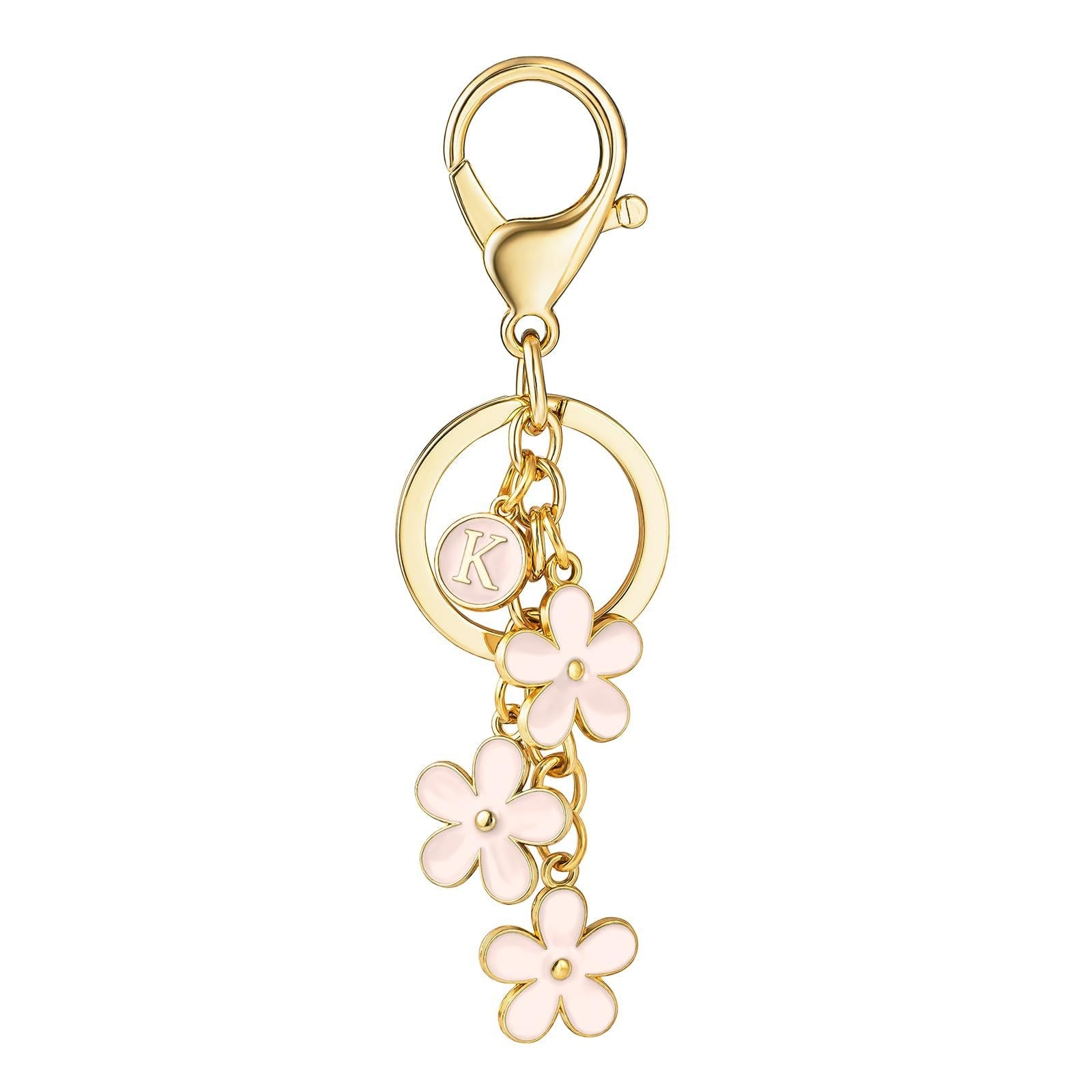 Initial Keychain White/Pink Flower Charms for Key Cute Letter Keyring Bag Charm 26 Letter Cherry Blossom Daisy Keychain -dropshippingabc.com