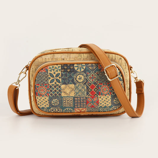 Cork pattern printed messenger bag, multi-pocket small crossbody women's bag, ethnic style contrasting color shoulder messenger bag, bohemian crossbody purse
