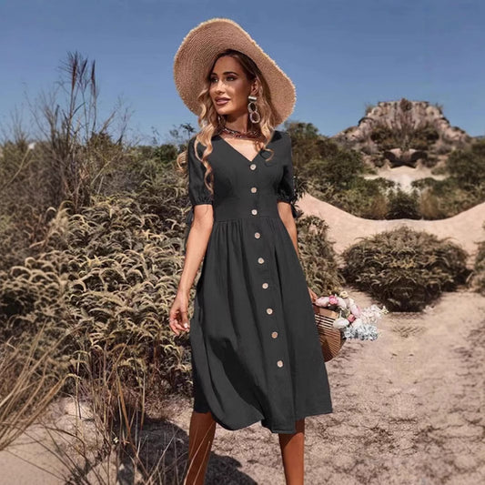 Women's Summer Short Sleeve Solid V-Neck A-Line Dress – Commuter Office Midi