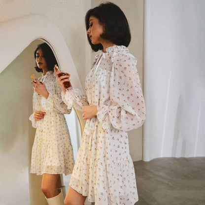 Chiffon floral dress neckline ruffle strap splicing horn skirt Pleated Mini Dress Lace Up Ruffle