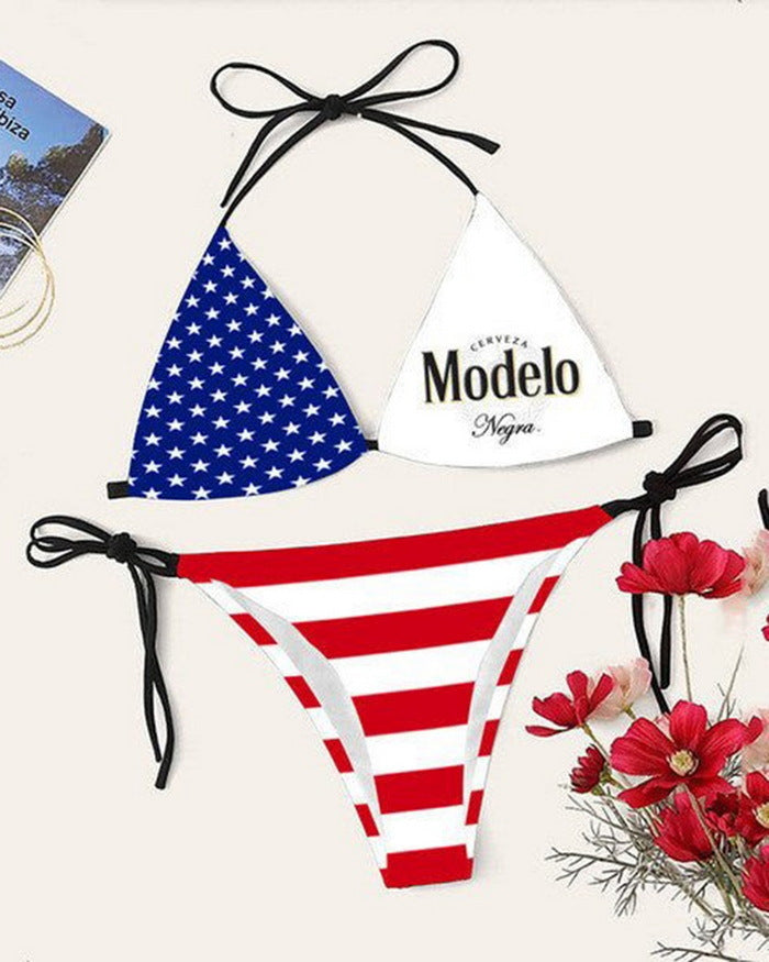 Bikini printed strap swimsuit set backless split swimsuit