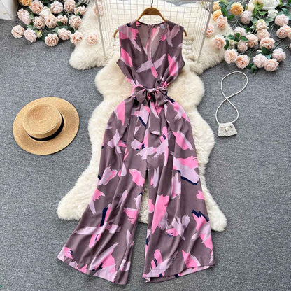 V-Neck High Waist Floral Print Wide Leg Jumpsuit - Loose Fit Women's Romper with Belt