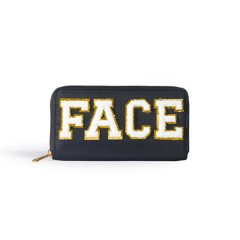 Cartera bordada con el alfabeto para mujer, monedero largo, tarjetero de nailon con cremallera, monedero multifuncional 