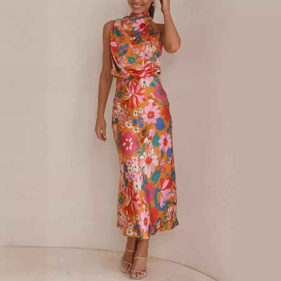 Sleeveless Strap Dress Slim Dress Satin Printing Temperament