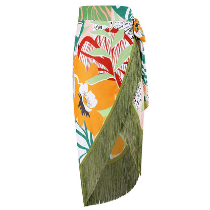Vintage high waist split three-piece swimsuit women's bikini swimsuit chiffon beach skirt set