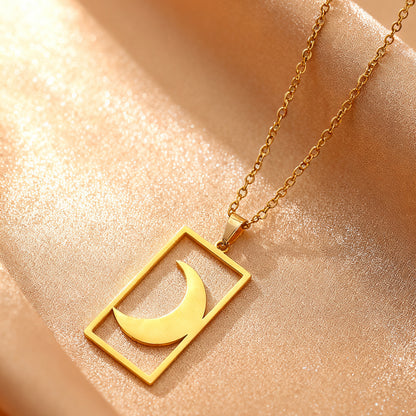18K Gold Plated Sun Moon Hollow Geometric Square Pendant Stainless Steel Necklace