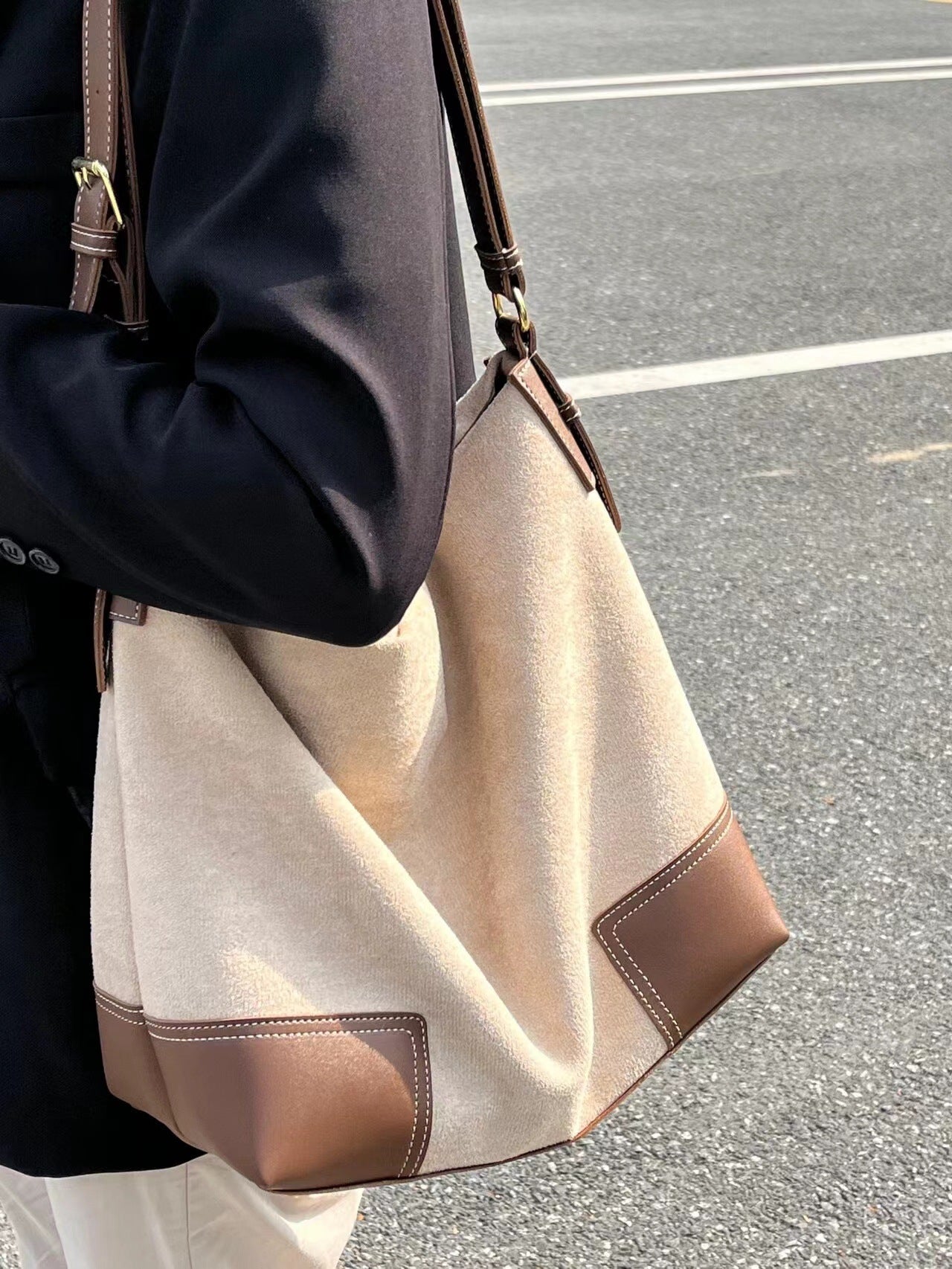 Bolso hobo de ante de gran capacidad, bolso de hombro femenino con contraste, bolso de mano, bolso informal