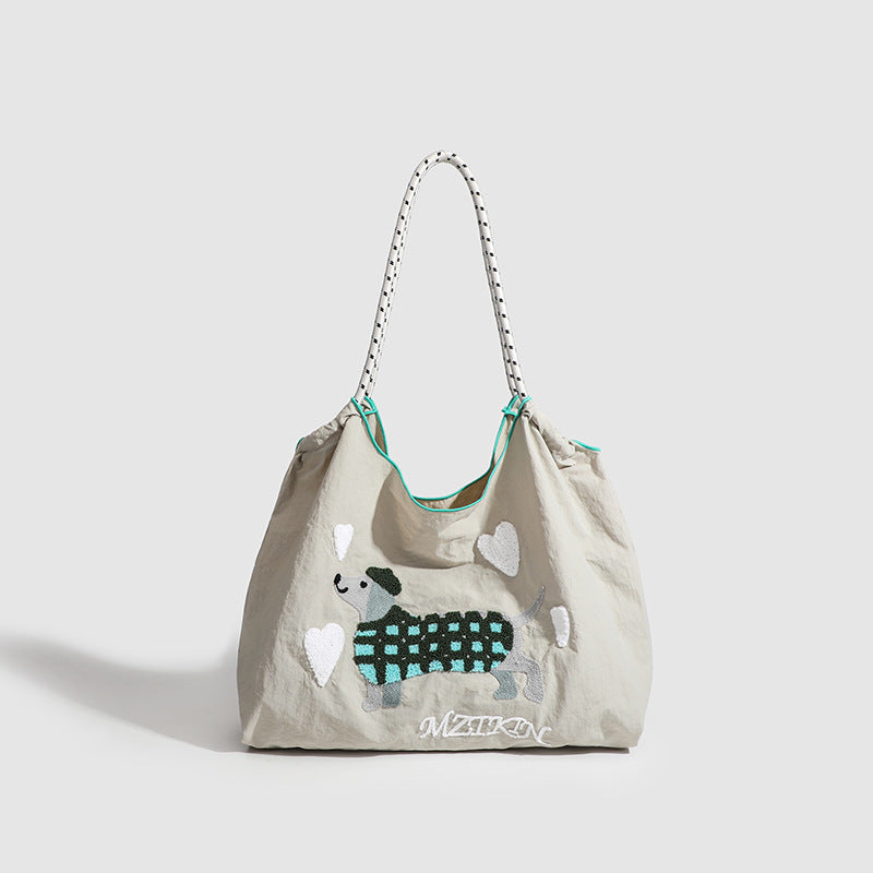 Large Capacity hobo bag with Embroidered Dog pattern, Shoulder bag Nylon, Shoulder Underarm Bag, Commuter hobo Bag Female