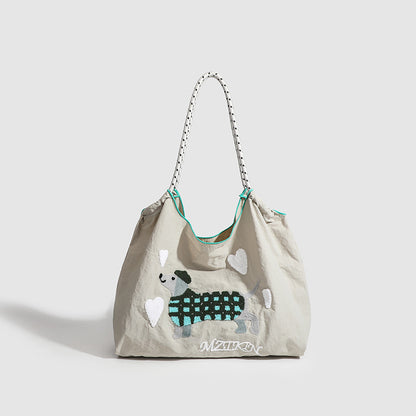 Large Capacity hobo bag with Embroidered Dog pattern, Shoulder bag Nylon, Shoulder Underarm Bag, Commuter hobo Bag Female