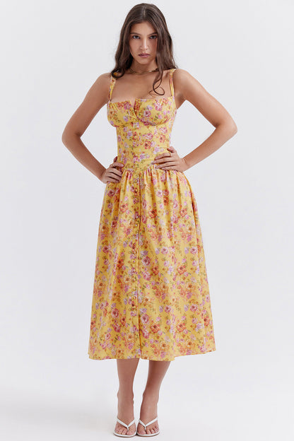 Floral Printed French Lace-Up Halter Dress - Sleeveless Spaghetti Strap Holiday Party Dress with Suspender Detail -dropshippingabc.com