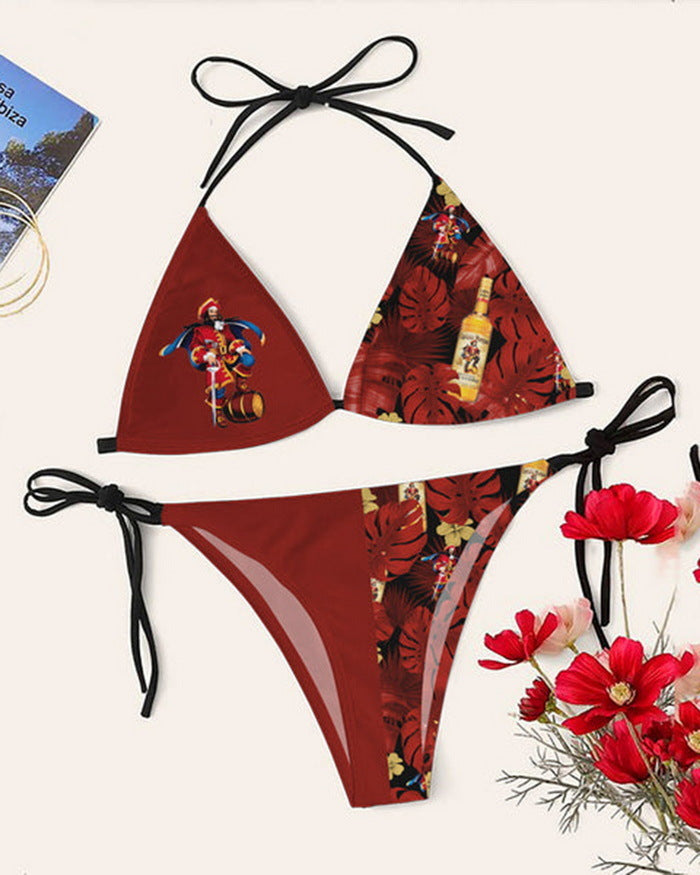 Bikini printed strap swimsuit set backless split swimsuit