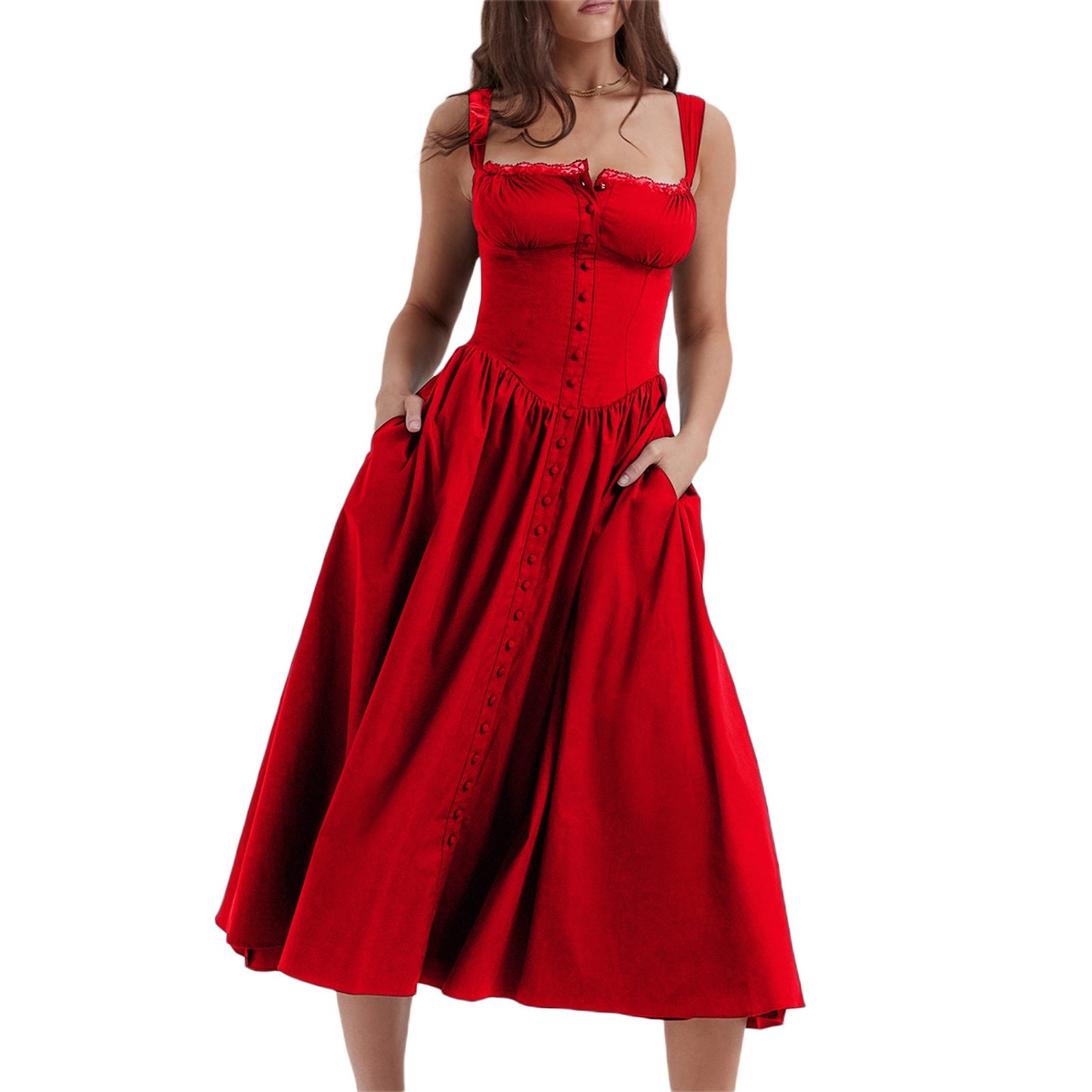 Floral Midi Corset Dress with Square Neck - Women's Smocked Lace-Up Sundress for Wedding Guest & Beach Holiday Parties -dropshippingabc.com