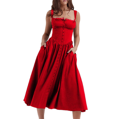 Floral Midi Corset Dress with Square Neck - Women's Smocked Lace-Up Sundress for Wedding Guest & Beach Holiday Parties -dropshippingabc.com