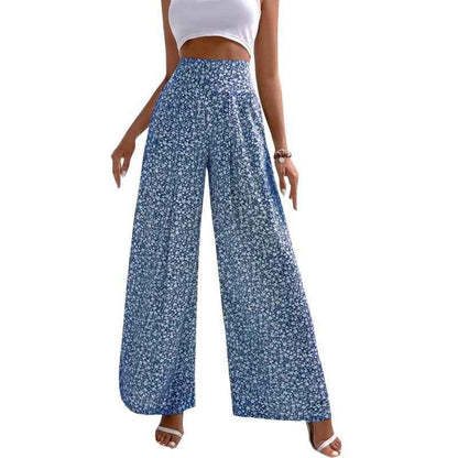 Shirred Waist Wide Leg Pants W Floral Pattern