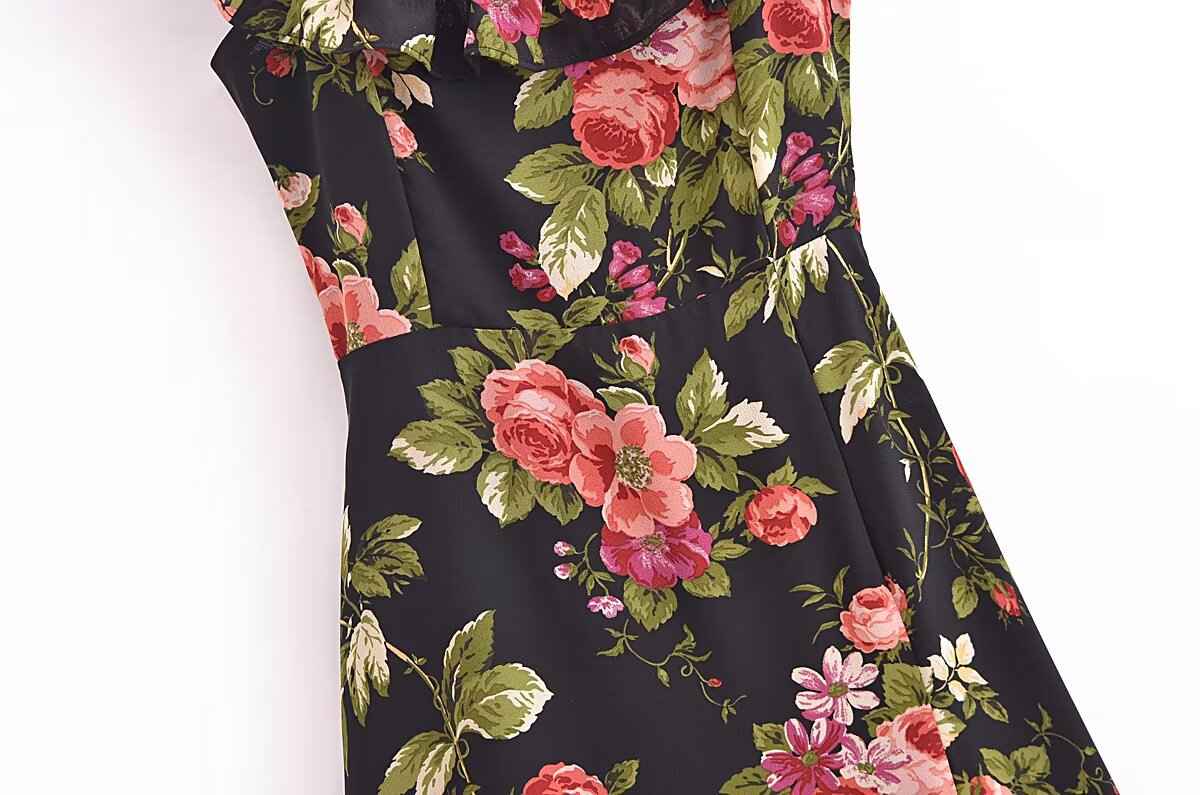 Slim and sexy side split waist mid-length dress, French retro square collar Print Chiffon Dress Bohemian dress