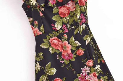 Slim and sexy side split waist mid-length dress, French retro square collar Print Chiffon Dress Bohemian dress