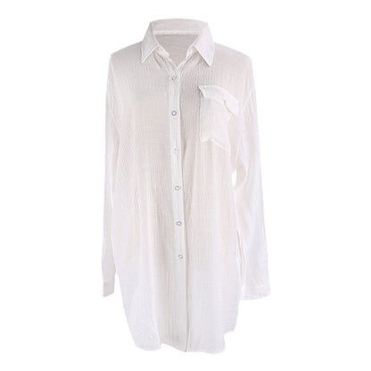 Crinkled Fabric Shirt Beach Cover-Up ¨C Casual Sun Protection Dress, Vacation Swimsuit Outerwear