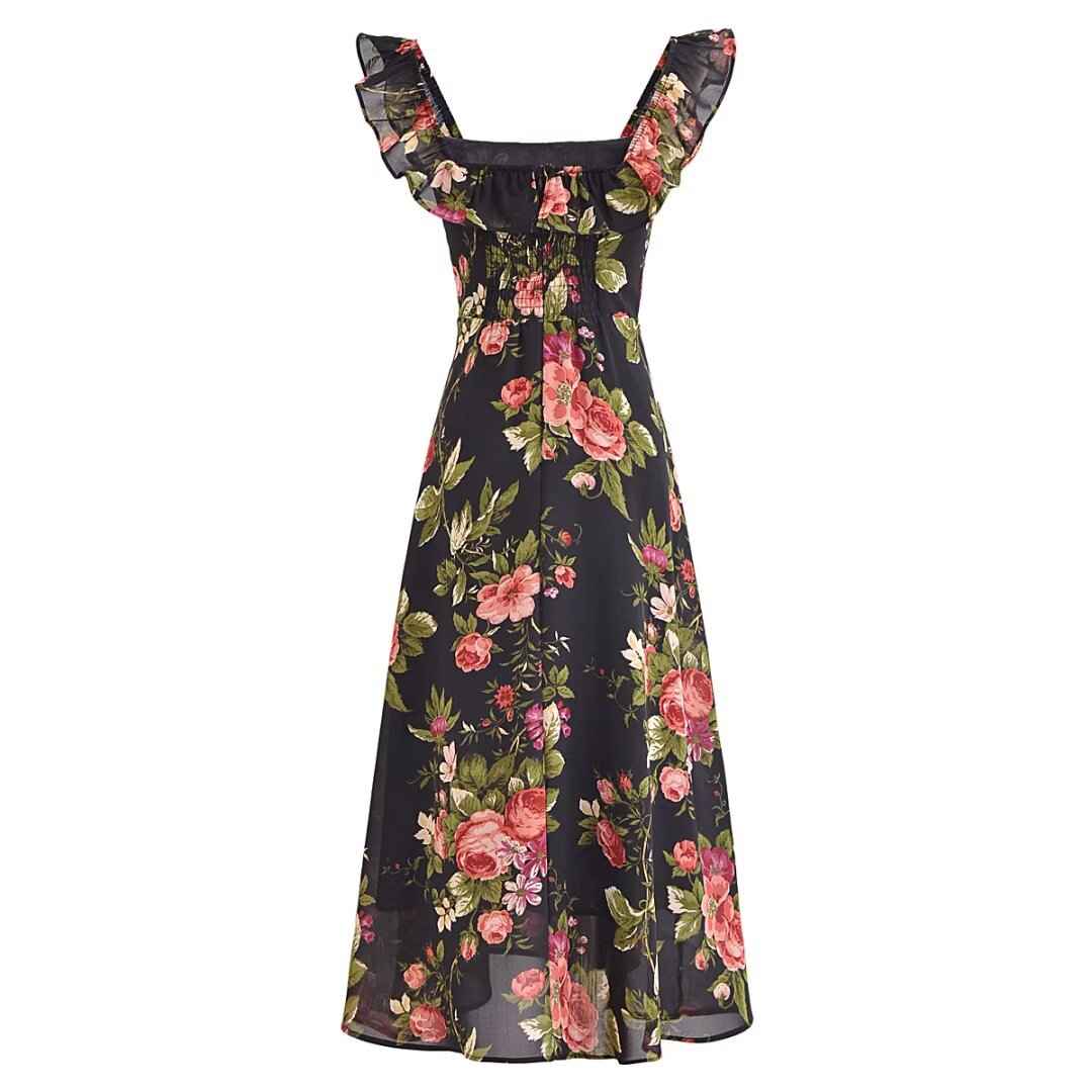 Slim and sexy side split waist mid-length dress, French retro square collar Print Chiffon Dress Bohemian dress