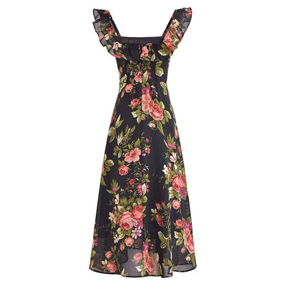 Slim and sexy side split waist mid-length dress, French retro square collar Print Chiffon Dress Bohemian dress