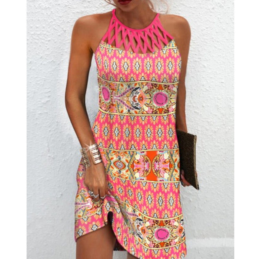 Spring and summer ethnic style positioning printing mesh belt sleeveless dress women's elegant retro