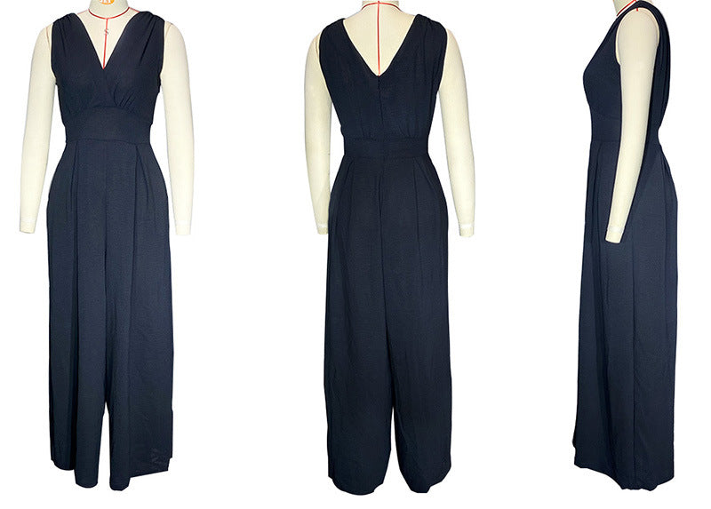 Sleeveless Jumpsuit High Waist Slim Straight Leg Wide -dropshippingabc.com