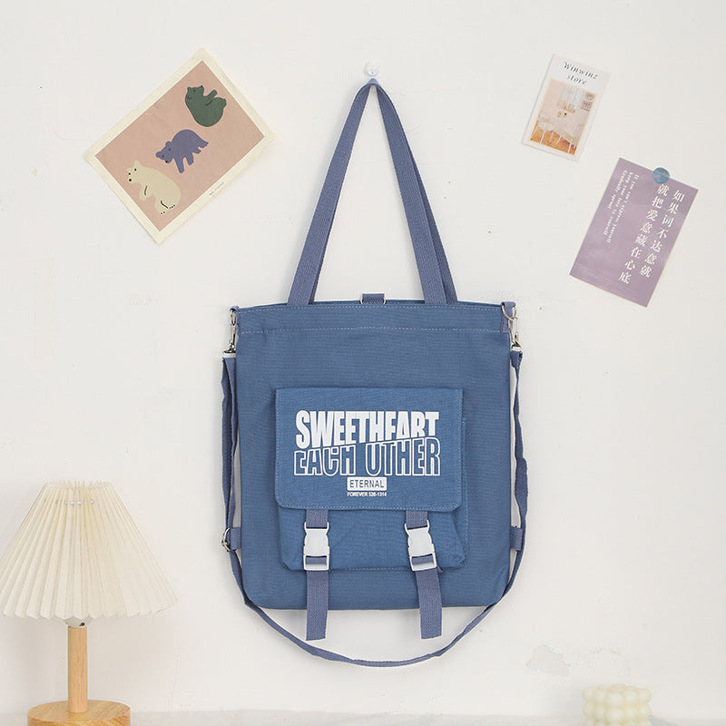 Carry letter pattern printed canvas bag, student shoulder canvas bag, shopping bag with zipper, tote canvas bag