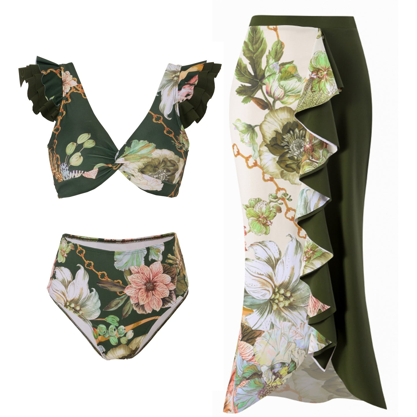 Vintage high waist split three-piece swimsuit women's bikini swimsuit chiffon beach skirt set