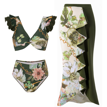 Vintage high waist split three-piece swimsuit women's bikini swimsuit chiffon beach skirt set